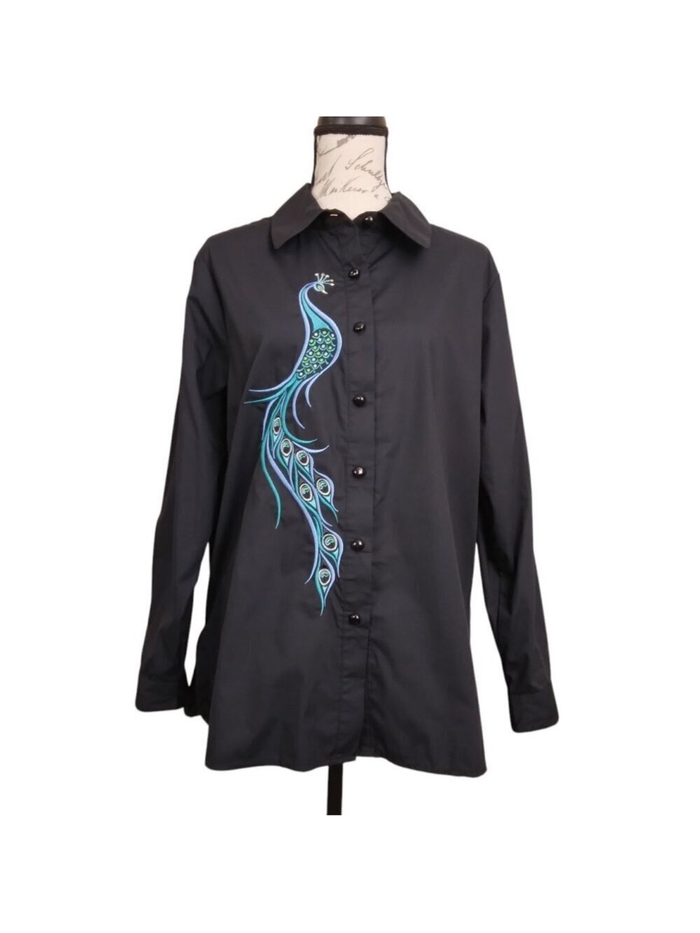 Bob Mackie Black Button-Front Shirt with Teal and Blue Peacock Motif